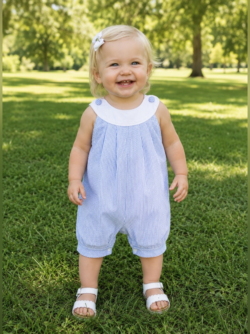 Daisies And Doodlebugs Seersucker Bubble Romper Blue & White Baby Girl 12 months